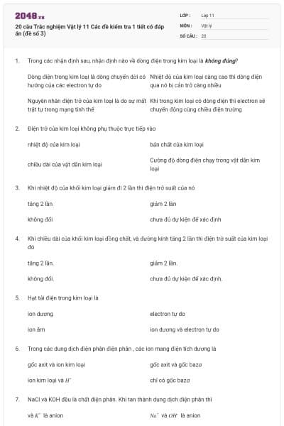 20 câu  Trắc nghiệm Vật lý 11 Các đề kiểm tra 1 tiết có đáp án (đề số 3)