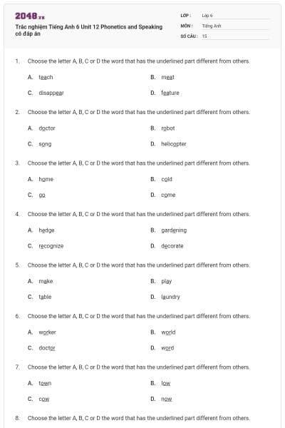 Trắc nghiệm Tiếng Anh 6 Unit 12 Phonetics and Speaking có đáp án