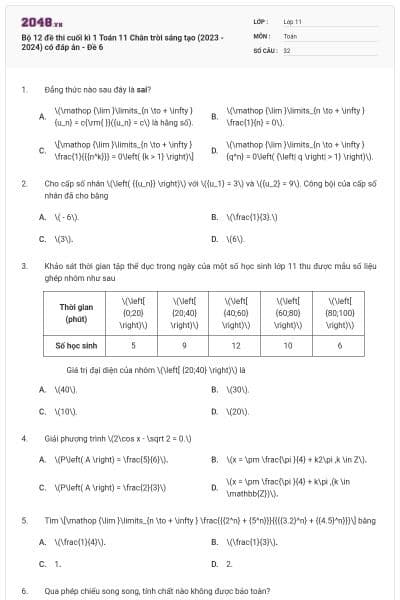 Bộ 12 đề thi cuối kì 1 Toán 11 Chân trời sáng tạo (2023 - 2024) có đáp án - Đề 6