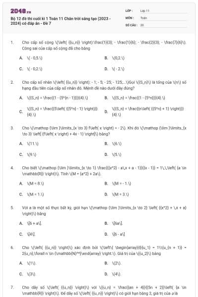 Bộ 12 đề thi cuối kì 1 Toán 11 Chân trời sáng tạo (2023 - 2024) có đáp án - Đề 7