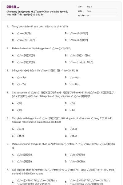Đề cương ôn tập giữa kì 2 Toán 6 Chân trời sáng tạo cấu trúc mới (Trắc nghiệm) có đáp án