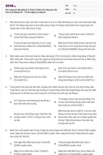 Đề cương ôn tập giữa kì 2 Toán 6 Chân trời sáng tạo cấu trúc mới (Đúng sai - Trả lời ngắn) có đáp án