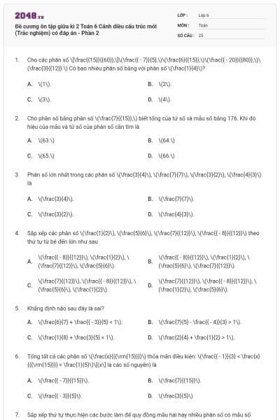 Đề cương ôn tập giữa kì 2 Toán 6 Cánh diều cấu trúc mới (Trắc nghiệm) có đáp án - Phần 2