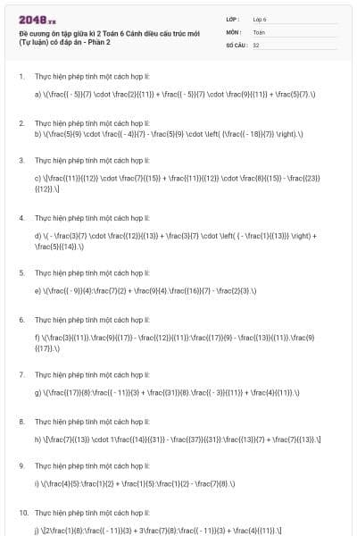 Đề cương ôn tập giữa kì 2 Toán 6 Cánh diều cấu trúc mới (Tự luận) có đáp án - Phần 2