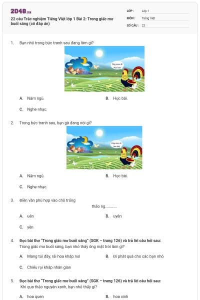 22 câu Trắc nghiệm Tiếng Việt lớp 1 Bài 2: Trong giấc mơ buổi sáng (có đáp án)