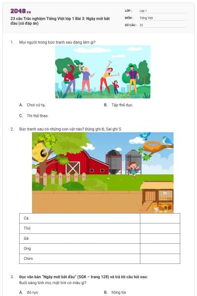 23 câu Trắc nghiệm Tiếng Việt lớp 1 Bài 3: Ngày mới bắt đầu (có đáp án)