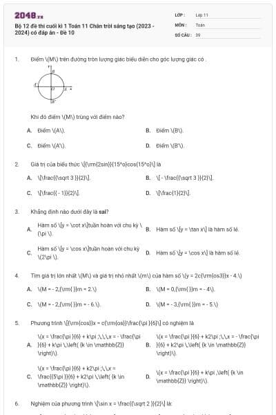 Bộ 12 đề thi cuối kì 1 Toán 11 Chân trời sáng tạo (2023 - 2024) có đáp án - Đề 10