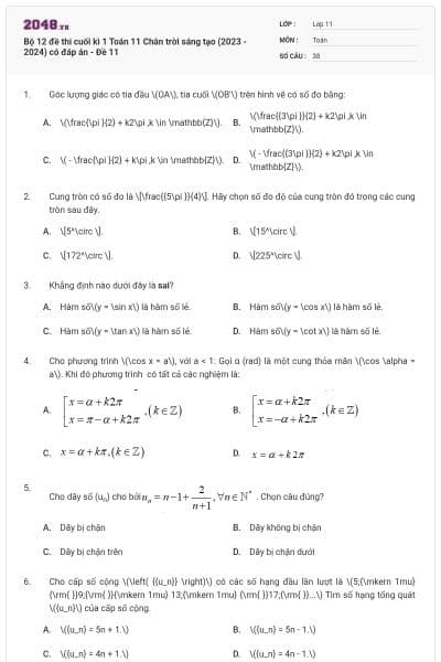 Bộ 12 đề thi cuối kì 1 Toán 11 Chân trời sáng tạo (2023 - 2024) có đáp án - Đề 11