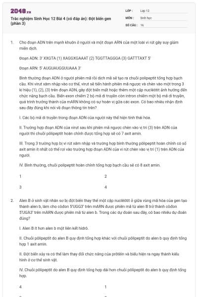 Trắc nghiệm Sinh Học 12 Bài 4 (có đáp án): Đột biến gen (phần 3)