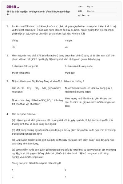 16 Câu trắc nghiệm hóa học và vấn đề môi trường có đáp án