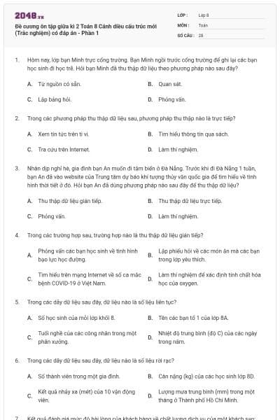 Đề cương ôn tập giữa kì 2 Toán 8 Cánh diều cấu trúc mới (Trắc nghiệm) có đáp án - Phần 1