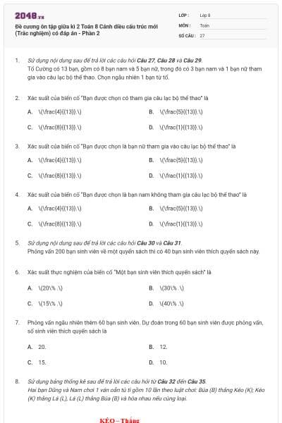 Đề cương ôn tập giữa kì 2 Toán 8 Cánh diều cấu trúc mới (Trắc nghiệm) có đáp án - Phần 2