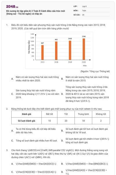 Đề cương ôn tập giữa kì 2 Toán 8 Cánh diều cấu trúc mới (Đúng sai - Trả lời ngắn) có đáp án