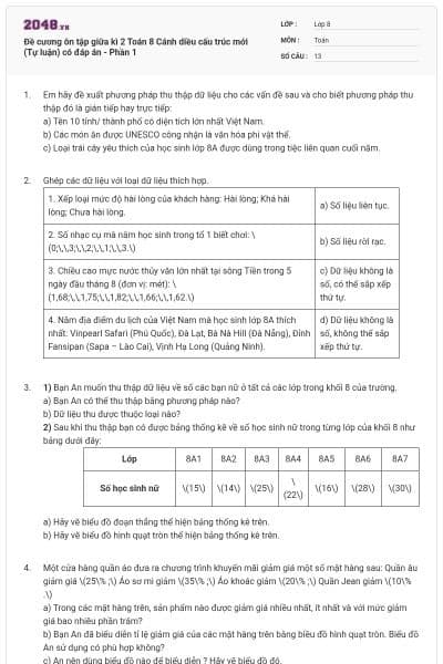 Đề cương ôn tập giữa kì 2 Toán 8 Cánh diều cấu trúc mới (Tự luận) có đáp án - Phần 1