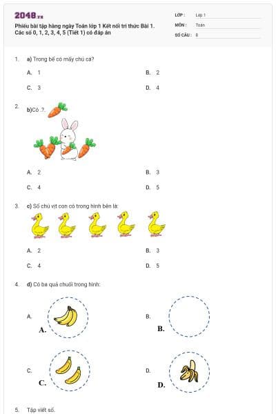 Phiếu bài tập hàng ngày Toán lớp 1 Kết nối tri thức Bài 1. Các số 0, 1, 2, 3, 4, 5 (Tiết 1) có đáp án