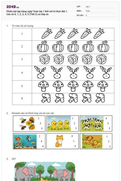 Phiếu bài tập hàng ngày Toán lớp 1 Kết nối tri thức Bài 1. Các số 0, 1, 2, 3, 4, 5 (Tiết 2) có đáp án