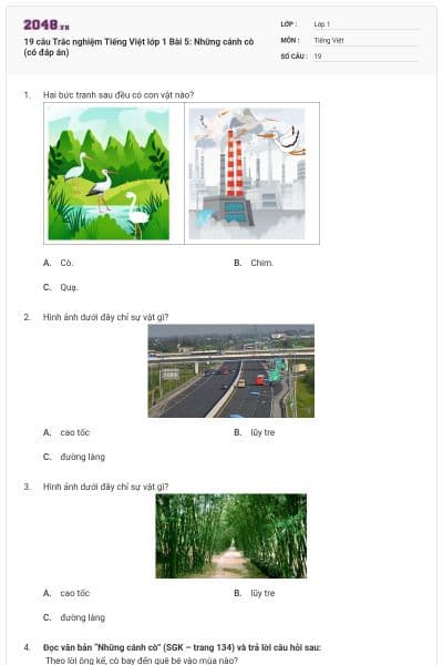 19 câu Trắc nghiệm Tiếng Việt lớp 1 Bài 5: Những cánh cò (có đáp án)