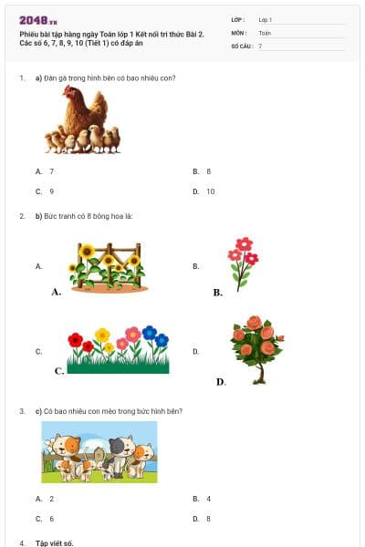 Phiếu bài tập hàng ngày Toán lớp 1 Kết nối tri thức Bài 2. Các số 6, 7, 8, 9, 10 (Tiết 1) có đáp án