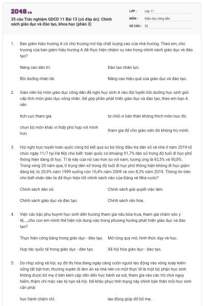 35 câu  Trắc nghiệm GDCD 11 Bài 13 (có đáp án): Chính sách giáo dục và đào tạo, khoa học (phần 3)