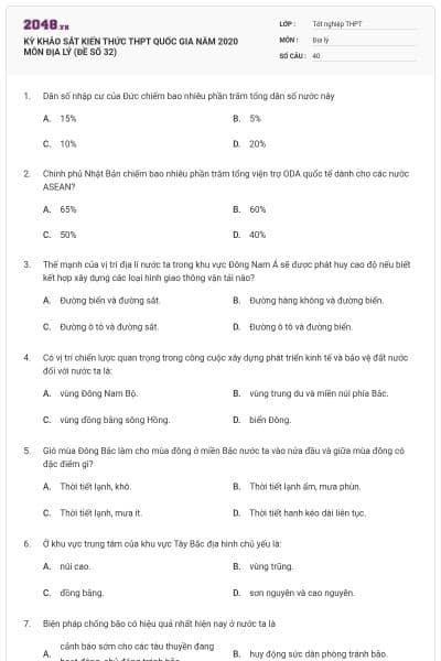 KỲ KHẢO SÁT KIẾN THỨC THPT QUỐC GIA NĂM 2020 MÔN ĐỊA LÝ (ĐỀ SỐ 32)