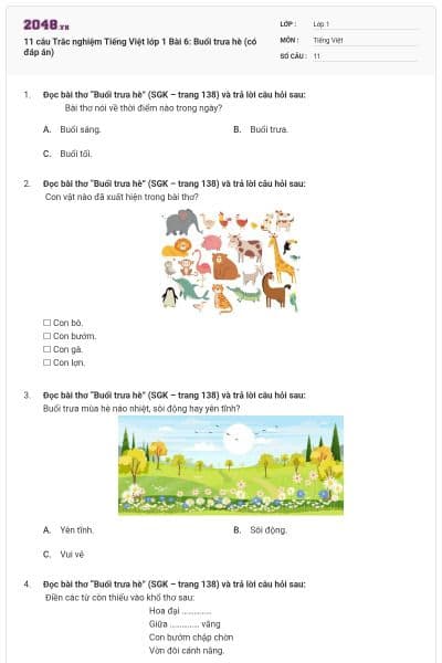 11 câu Trắc nghiệm Tiếng Việt lớp 1 Bài 6: Buổi trưa hè (có đáp án)