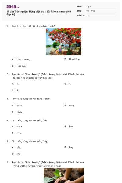 10 câu Trắc nghiệm Tiếng Việt lớp 1 Bài 7: Hoa phượng (có đáp án)