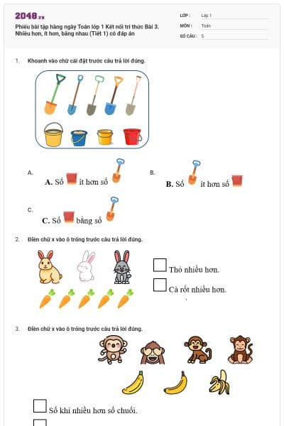 Phiếu bài tập hàng ngày Toán lớp 1 Kết nối tri thức Bài 3. Nhiều hơn, ít hơn, bằng nhau  (Tiết 1) có đáp án