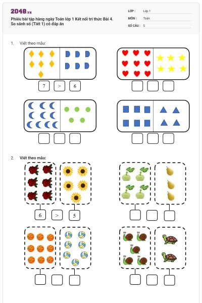 Phiếu bài tập hàng ngày Toán lớp 1 Kết nối tri thức Bài 4. So sánh số (Tiết 1) có đáp án