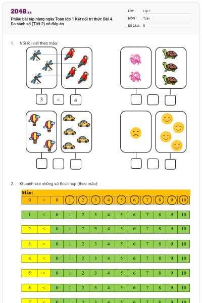 Phiếu bài tập hàng ngày Toán lớp 1 Kết nối tri thức Bài 4. So sánh số (Tiết 2) có đáp án