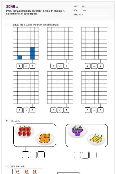 Phiếu bài tập hàng ngày Toán lớp 1 Kết nối tri thức Bài 4. So sánh số (Tiết 3) có đáp án