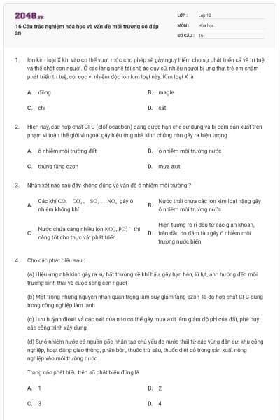 16 Câu trắc nghiệm hóa học và vấn đề môi trường có đáp án