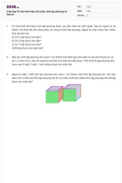 3 bài tập Tô màu hình hộp chữ nhật, hình lập phương có đáp án