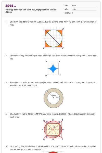 5 bài tập Tính diện tích cánh hoa, một phần hình tròn có đáp án