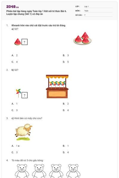 Phiếu bài tập hàng ngày Toán lớp 1 Kết nối tri thức Bài 6. Luyện tập chung (tiết 1) có đáp án