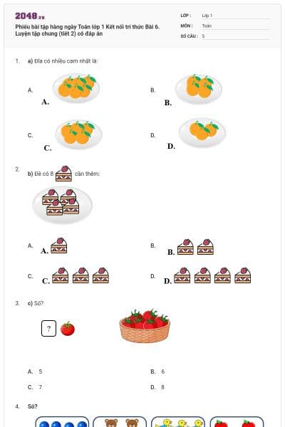 Phiếu bài tập hàng ngày Toán lớp 1 Kết nối tri thức Bài 6. Luyện tập chung (tiết 2) có đáp án