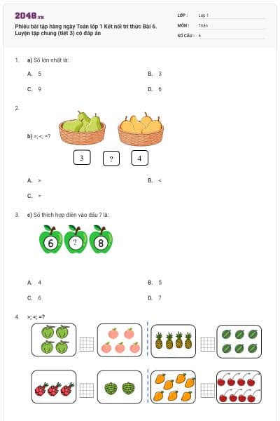 Phiếu bài tập hàng ngày Toán lớp 1 Kết nối tri thức Bài 6. Luyện tập chung (tiết 3) có đáp án