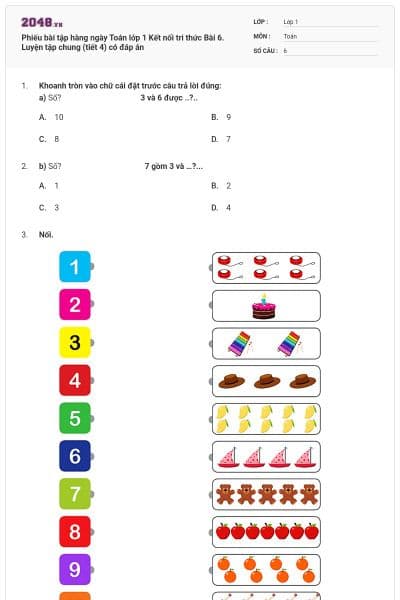 Phiếu bài tập hàng ngày Toán lớp 1 Kết nối tri thức Bài 6. Luyện tập chung (tiết 4) có đáp án