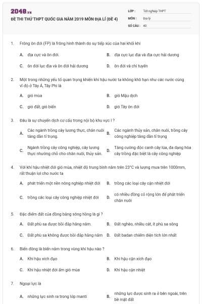 ĐỀ THI THỬ THPT QUỐC GIA NĂM 2019 MÔN ĐỊA LÍ (ĐỀ 4)