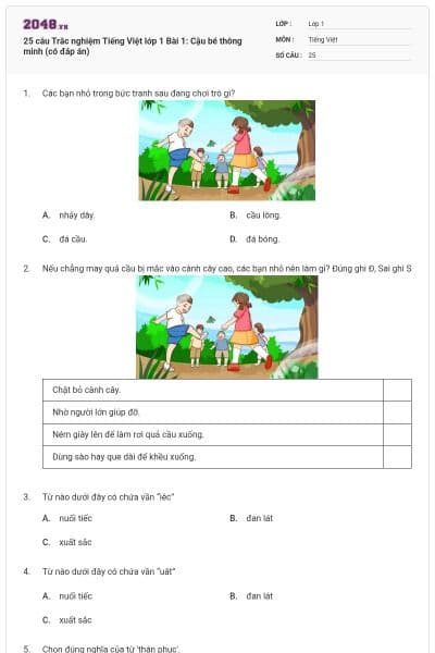 25 câu Trắc nghiệm Tiếng Việt lớp 1 Bài 1: Cậu bé thông minh (có đáp án)