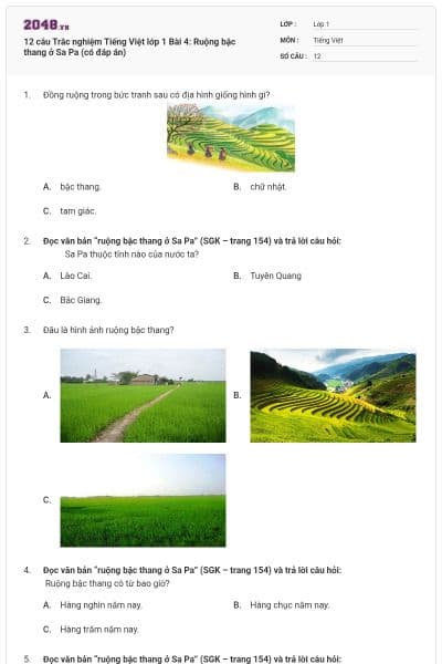 12 câu Trắc nghiệm Tiếng Việt lớp 1 Bài 4: Ruộng bậc thang ở Sa Pa (có đáp án)