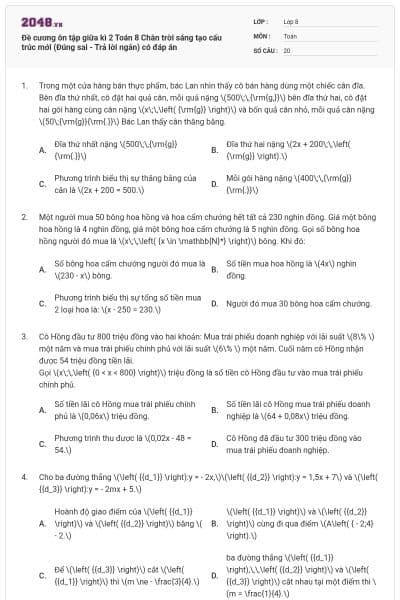 Đề cương ôn tập giữa kì 2 Toán 8 Chân trời sáng tạo cấu trúc mới (Đúng sai - Trả lời ngắn) có đáp án