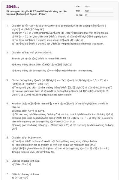 Đề cương ôn tập giữa kì 2 Toán 8 Chân trời sáng tạo cấu trúc mới (Tự luận) có đáp án - Phần 1