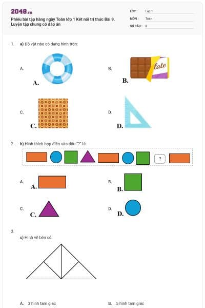 Phiếu bài tập hàng ngày Toán lớp 1 Kết nối tri thức Bài 9. Luyện tập chung có đáp án