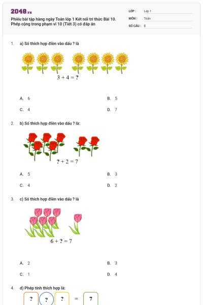Phiếu bài tập hàng ngày Toán lớp 1 Kết nối tri thức Bài 10. Phép cộng trong phạm vi 10 (Tiết 3) có đáp án