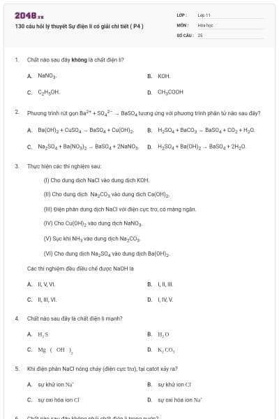 130 câu hỏi lý thuyết Sự điện li có giải chi tiết ( P4 )