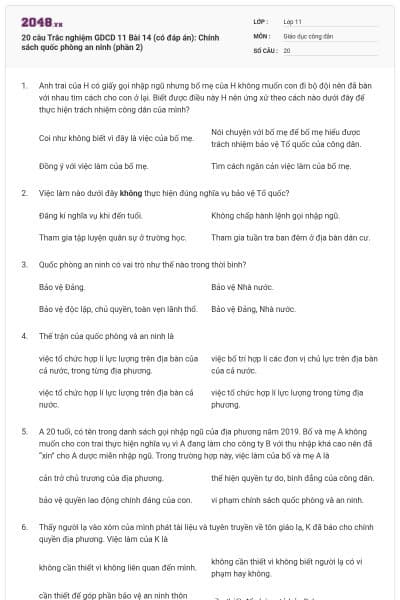 20 câu  Trắc nghiệm GDCD 11 Bài 14 (có đáp án): Chính sách quốc phòng an ninh (phần 2)