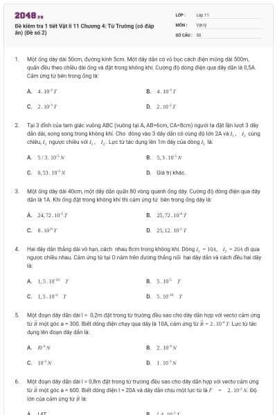 Đề kiêm tra 1 tiết Vật lí 11 Chương 4: Từ Trường (có đáp án) (Đề số 2)
