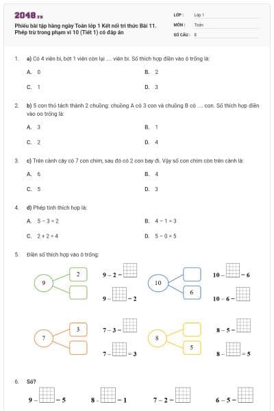 Phiếu bài tập hàng ngày Toán lớp 1 Kết nối tri thức Bài 11. Phép trừ trong phạm vi 10 (Tiết 1) có đáp án