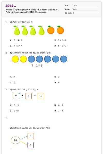 Phiếu bài tập hàng ngày Toán lớp 1 Kết nối tri thức Bài 11. Phép trừ trong phạm vi 10 (Tiết 3) có đáp án