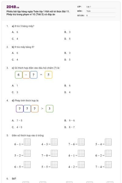 Phiếu bài tập hàng ngày Toán lớp 1 Kết nối tri thức Bài 11. Phép trừ trong phạm vi 10 (Tiết 5) có đáp án
